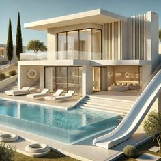 an artist's rendering of a modern house with a pool and slide