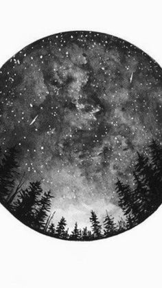 the night sky is filled with stars and trees, as well as an oval shape