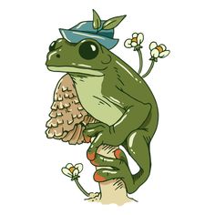 a frog with a hat on top of it's head sitting on a mushroom