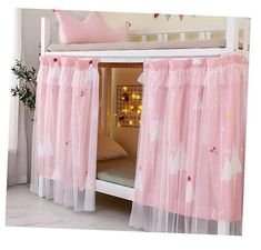 a white bunk bed with pink curtains on it