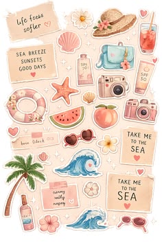 an illustrated sticker sheet with various items and words on it, including watermelon,