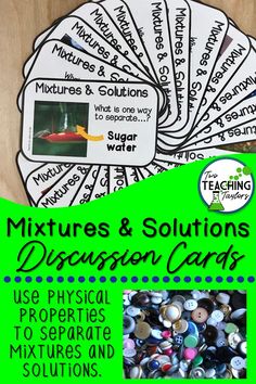 four different pictures with the words mixtures and solution cards in green, black and white