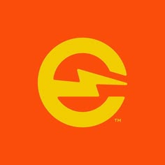 an orange and yellow logo with the letter e in it's center, on a red background
