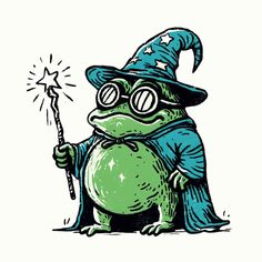 a cartoon frog dressed as a wizard holding a sparkler in his hand and looking at the viewer