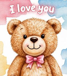 a brown teddy bear with a pink bow sitting in front of a watercolor background
