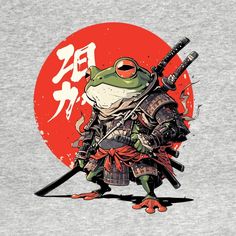 a frog dressed in samurai gear holding two swords and wearing a helmet with the sun behind it