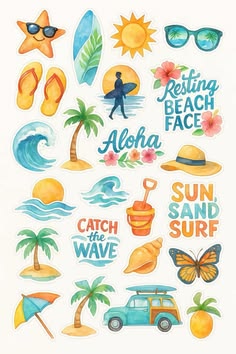 watercolor stickers with the words, beach and sun
