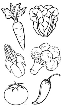 vegetables coloring pages for kids to print out and color on the page, including broccoli, cauliflower, carrots