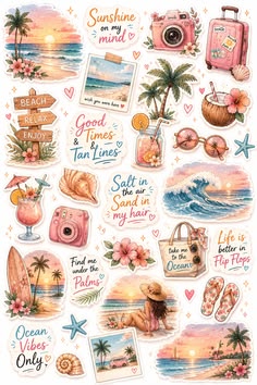 a sticker sheet with various pictures and words on it, including palm trees, beach scenes