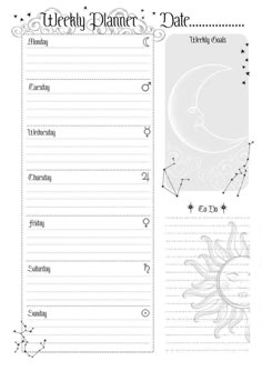 a printable weekly planner with the moon and stars on it, in black and white