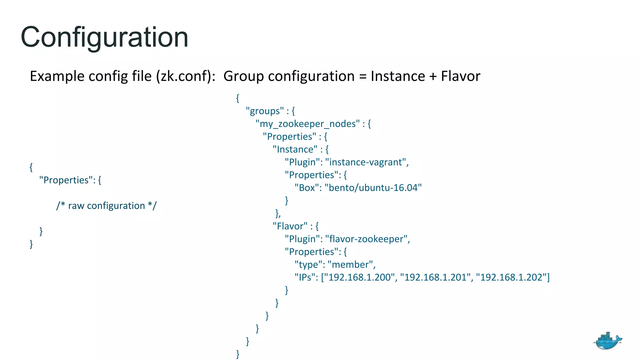 Configuration
Example config file (zk.conf): Group configuration = Instance + Flavor
{
"Properties": {
/* raw configuration */
}
}
{
"groups" : {
"my_zookeeper_nodes" : {
"Properties" : {
"Instance" : {
"Plugin": "instance-vagrant",
"Properties": {
"Box": "bento/ubuntu-16.04"
}
},
"Flavor" : {
"Plugin": "flavor-zookeeper",
"Properties": {
"type": "member",
"IPs": ["192.168.1.200", "192.168.1.201", "192.168.1.202"]
}
}
}
}
}
}
 