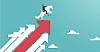 Illustration of a businessman riding a unicorn into the sky