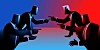 Men in suits on opposite side of a table angrily pointing at each other