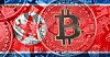 Bitcoin coins superimposed over the North Korea flag