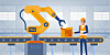 Cartoon of someone overseeing a robot arm working on a factory assembly line