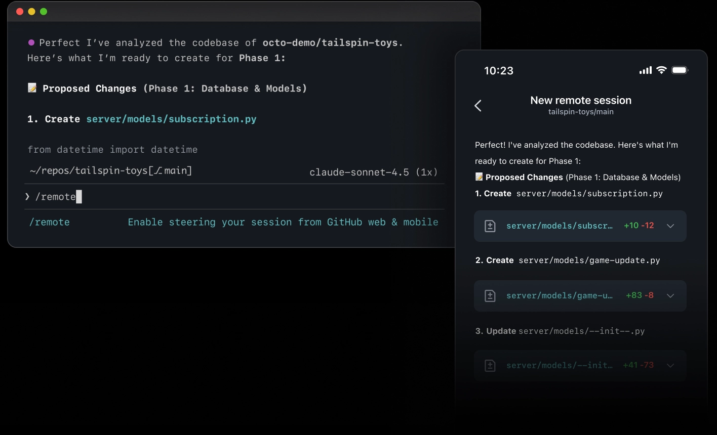 Desktop-Terminal und mobile App mit GitHub Copilot, wobei eine Codierungssitzung auf beiden Geräten angezeigt und verwaltet werden kann.