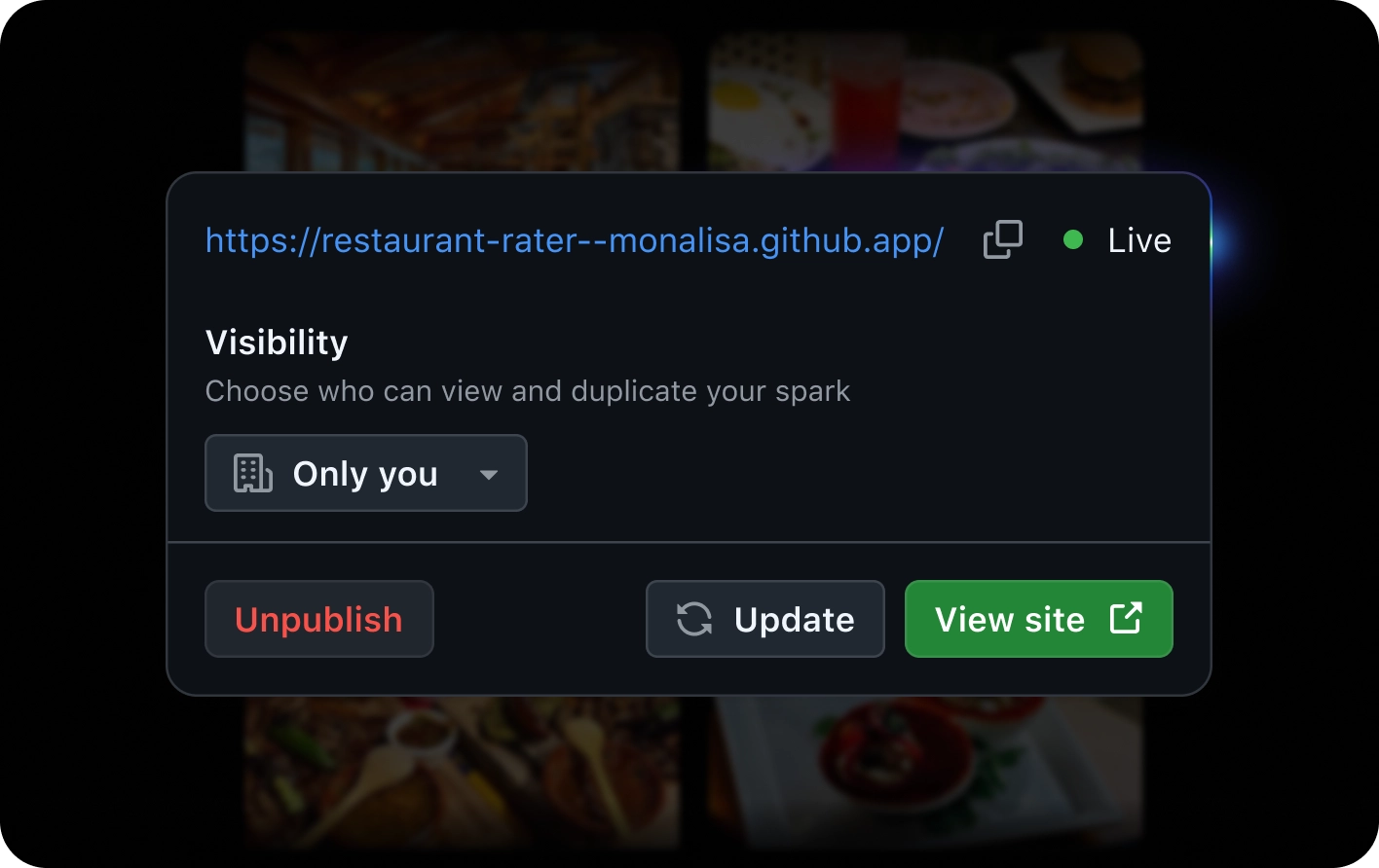 Website interface showing the URL "https://munchmap-monalisa.github.app/" marked as "Live", with visibility set to "Only you" and buttons labeled "Unpublish", "Update", and "View site".