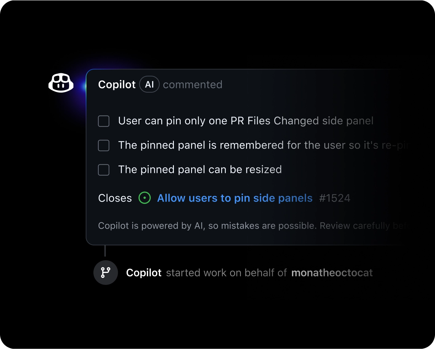Ein KI-Kommentar von GitHub Copilot, der drei Checklistenelemente zum Anheften von Seitenleisten sowie einen Link zum entsprechenden Issue enthält.