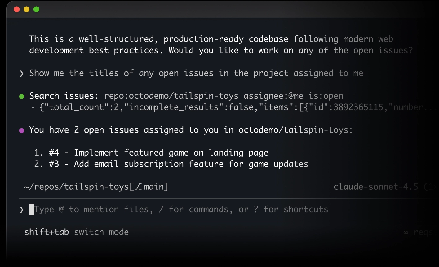 Terminal-Screenshot, auf dem ein KI-Assistent 2 zugewiesene GitHub Issues anzeigt: #4 „Empfohlenes Spiel auf Startseite implementieren“ und #3 „E-Mail-Abofunktion für Spiel-Updates hinzufügen“. Unten wartet eine Eingabeaufforderung auf deine Eingabe.