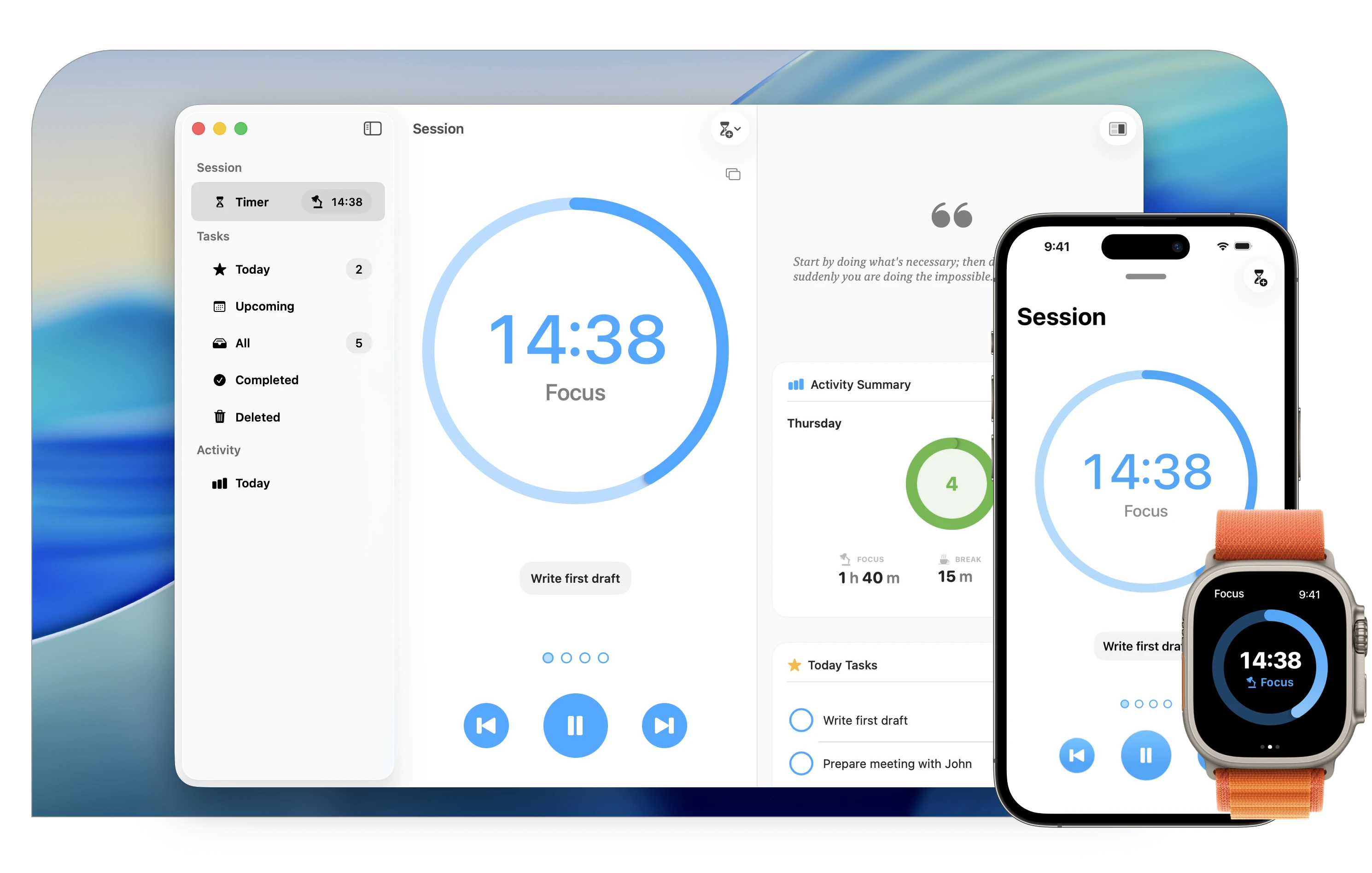 Focus running on Mac, iPhone, and Apple Watch — a session timer counting down beside today's tasks and an activity summary