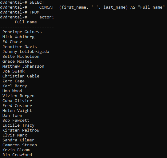 PostgreSQL CONCAT Function Example