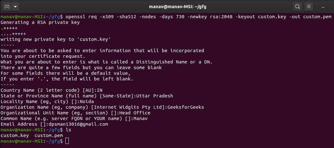 Create new Private Key and Self Signed certificate.  