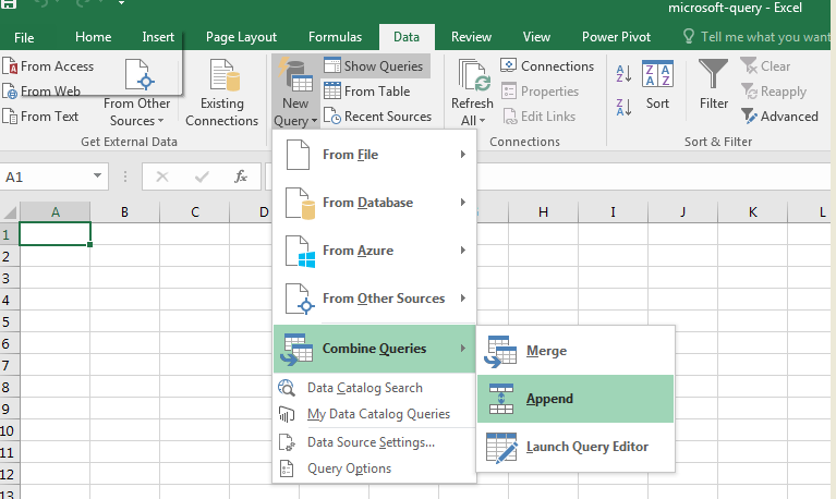 Click on Data and then select new query option.