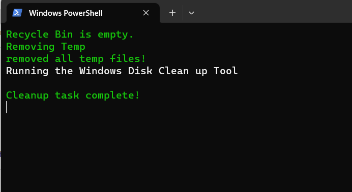 PowerShell script utility to delete temp files, recycle bin data and perform disk cleanup on Windows