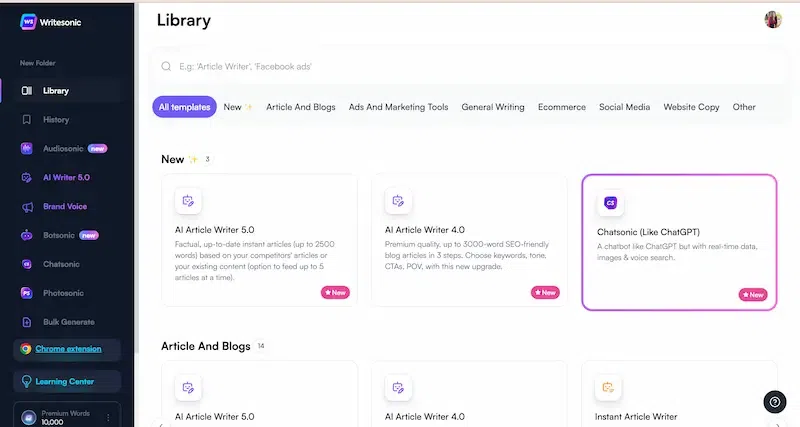 Writesonic Library