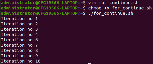 continue statement in for loop in Linux