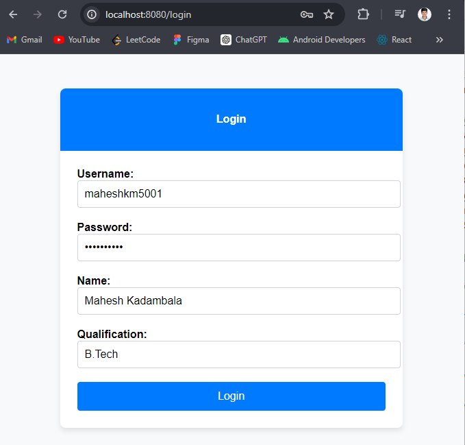 Login page