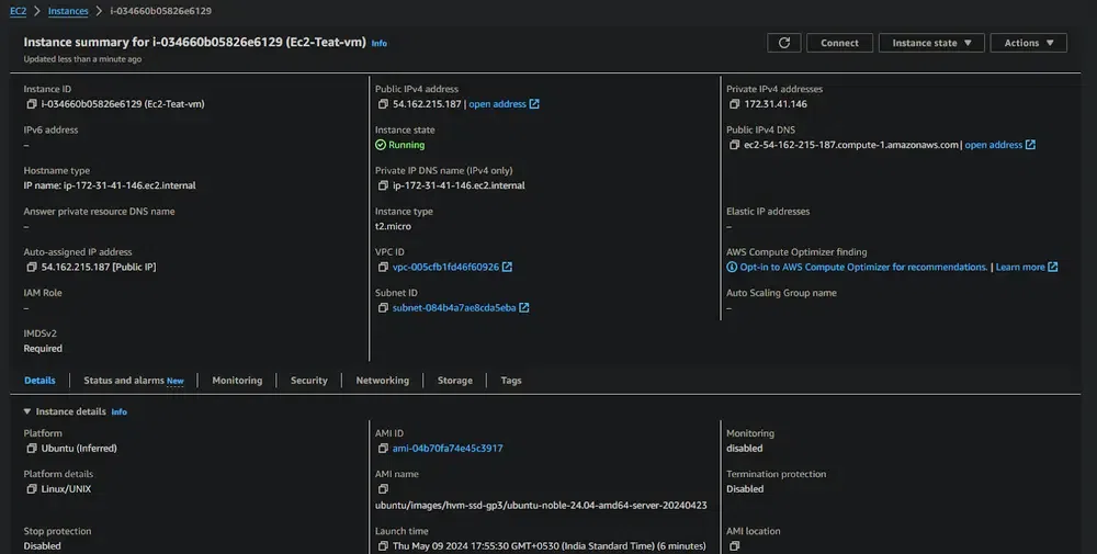 Instance created on the aws console.