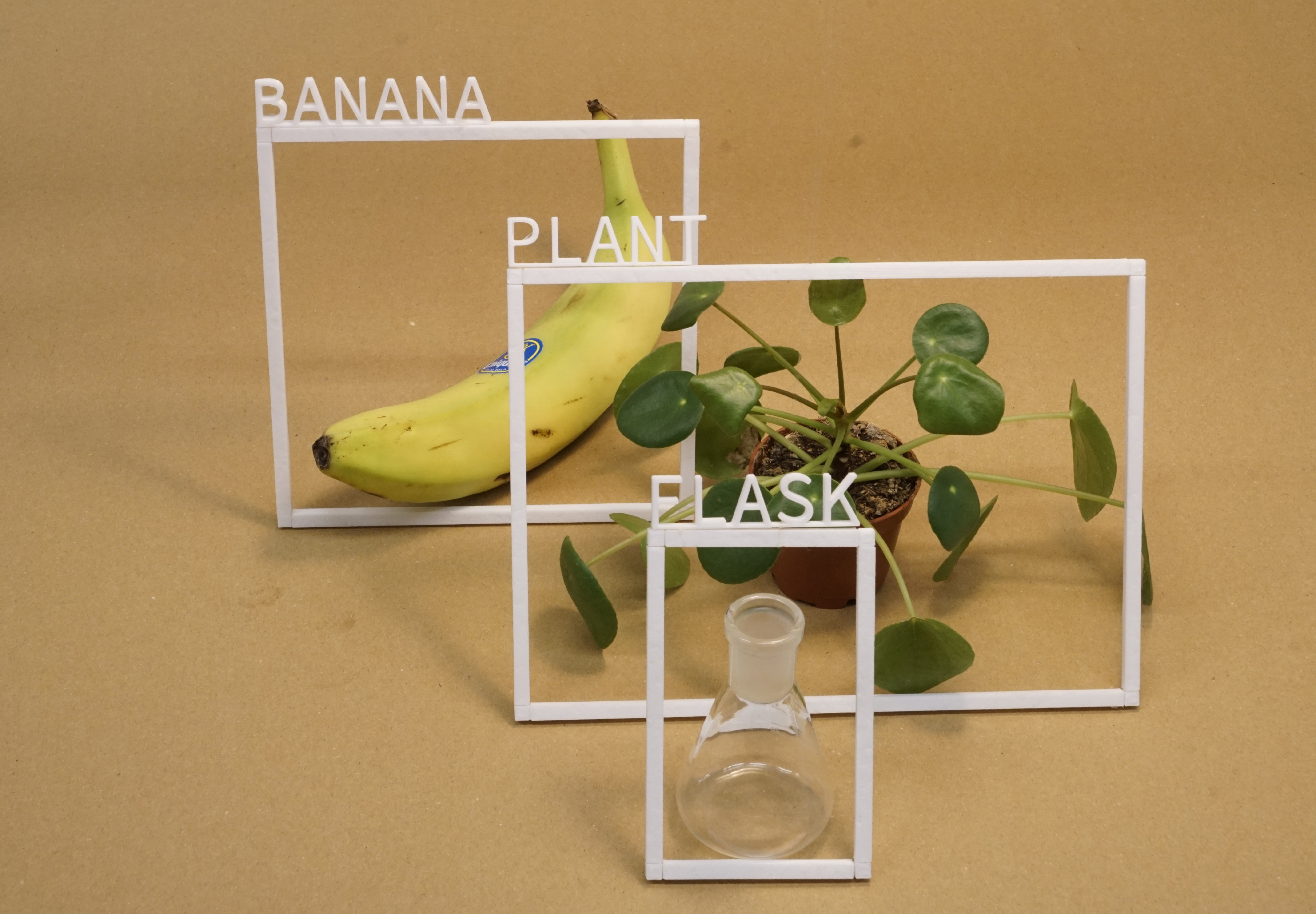 A banana, a potted plant, and an empty glass flask, each inside white frames labeled accordingly, on a beige background.