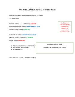 PMS PREPARATION PLAN (6 MONTHS PLAN)
*ONE OPTIONAL AND COMPULSORY SUBJECT DAILY (1 TOPIC)
*5-6 HOURS DAILY
POLITICAL SCIENCE