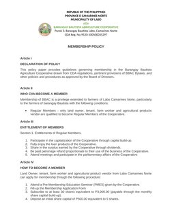 REPUBLIC OF THE PHILIPPINES
PROVINCE O CAMARINES NORTE
MUNICIPALITY OF LABO
oOo
BARANGAY BAUTISTA ABRICULTURE COOPERATIVE
Pur