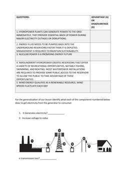 QUESTIONS:
ADVANTAGE (A) 
OR 
DISADVANTAGE 
(D)
1. HYDROPOWER PLANTS CAN GENERATE POWER TO THE GRID 
IMMEDIATELY, THEY PROVID