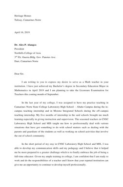 Heritage Homes  
Talisay, Camarines Norte 
 
 
April 16, 2019 
 
 
Dr. Alex P. Alangco 
President 
Northills College of Asia