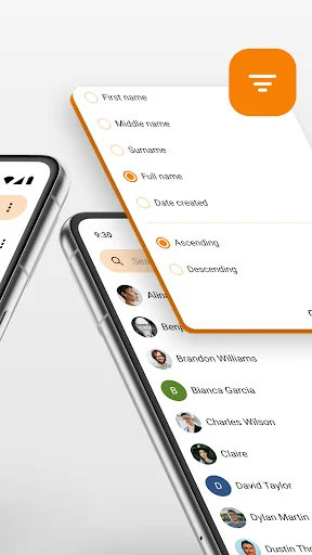 Simple Dialer phonebook with contact search and filter menu options including first name, surname, and phone number sorting