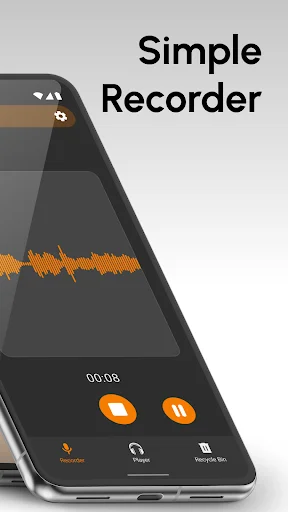 Simple Recorder app main screen with orange waveform, record controls, and dark theme audio recording interface