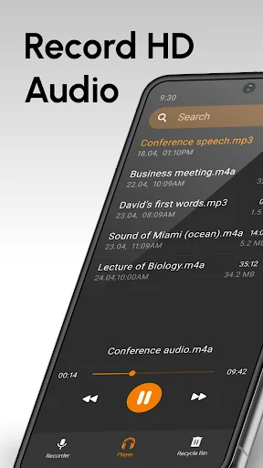 Record HD Audio screen showing audio file list with conference, meeting recordings and playback controls