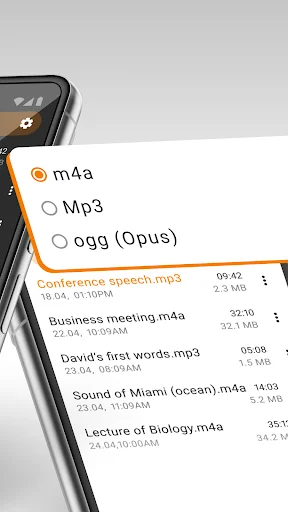 Audio format selection menu showing m4a, Mp3, ogg options with recorded file list in Simple Voice Recorder app