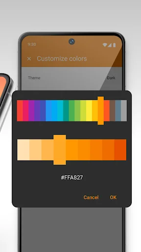 Color customization dialog with rainbow palette and orange theme selection for Simple Voice Recorder app