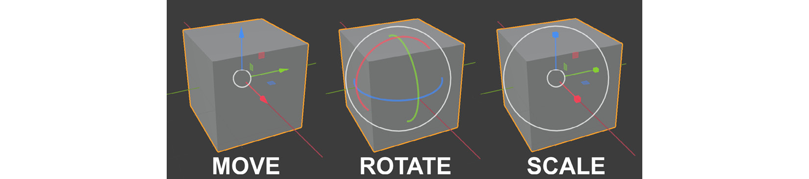 Figure 1.9 &ndash; The Object Gizmos overlaid over a 3D cube model for move, rotate, or scale
