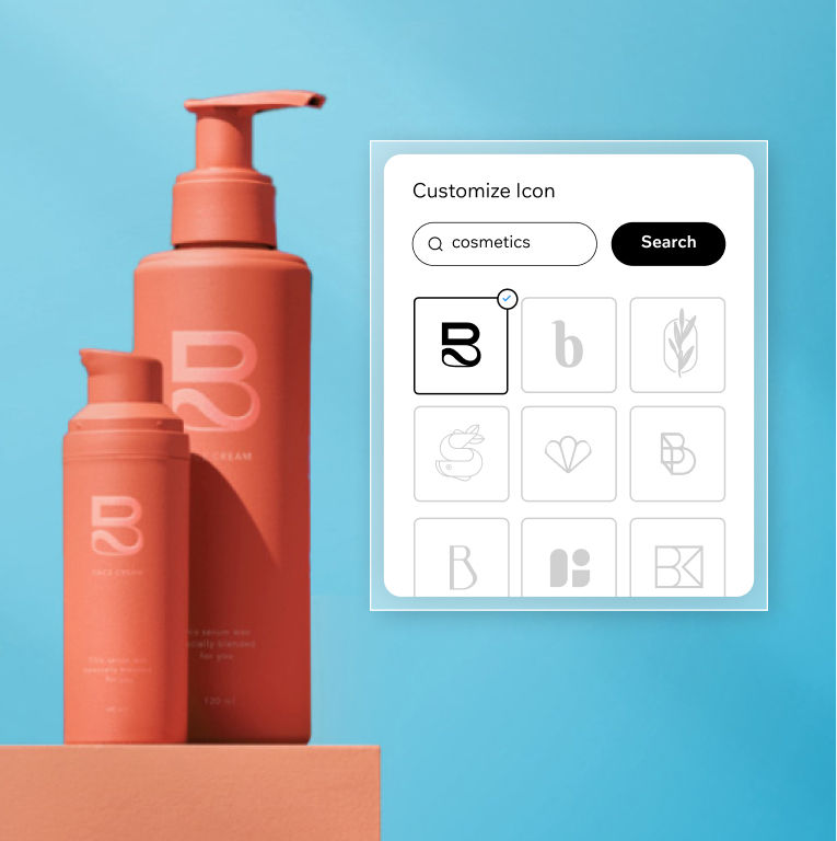 Two skincare products alongside a selection of icon options for a cosmetics brand. The icons are created with Wix’s free logo maker.