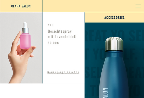 Website eines Beauty-Salons, das Wasserflaschen mit ihrem Logo per Print on Demand verkauft
