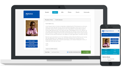 A laptop and phone displaying the My Compassion app