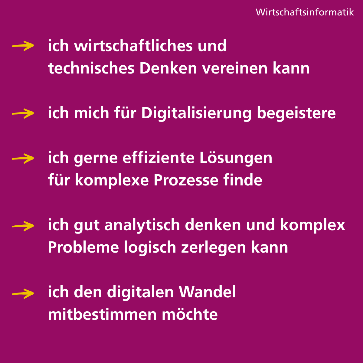 ALT-Attribut: Aufzählung typischer Fähigkeiten und Interessen im Studiengang Wirtschaftsinformatik. wirtschaftliches und technisches Denkvermögen, Verstehen komplexer Prozesse, Begeisterung für Digitalisierung.