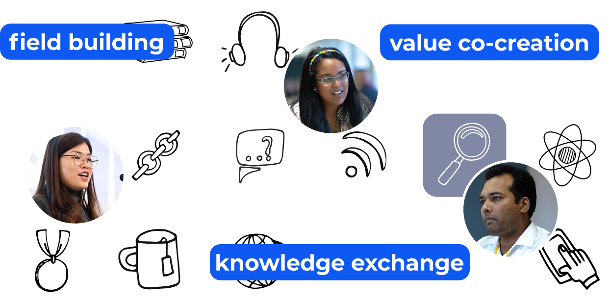 white boxes with icons related to networking and three people on bubbles. You can see the words: field building, value co-creation and knowledge exchange.