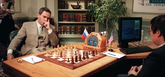 Gary Kasparov competing against IBM's Deep Blue chess computer in 1997