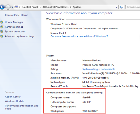 Computer Properties showing workgroup settings